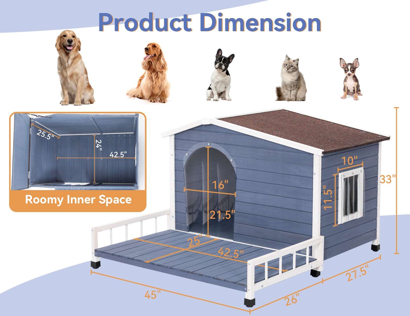 PETSFIT Weatherproof Dog House with Porch & Openable Asphalt Roof