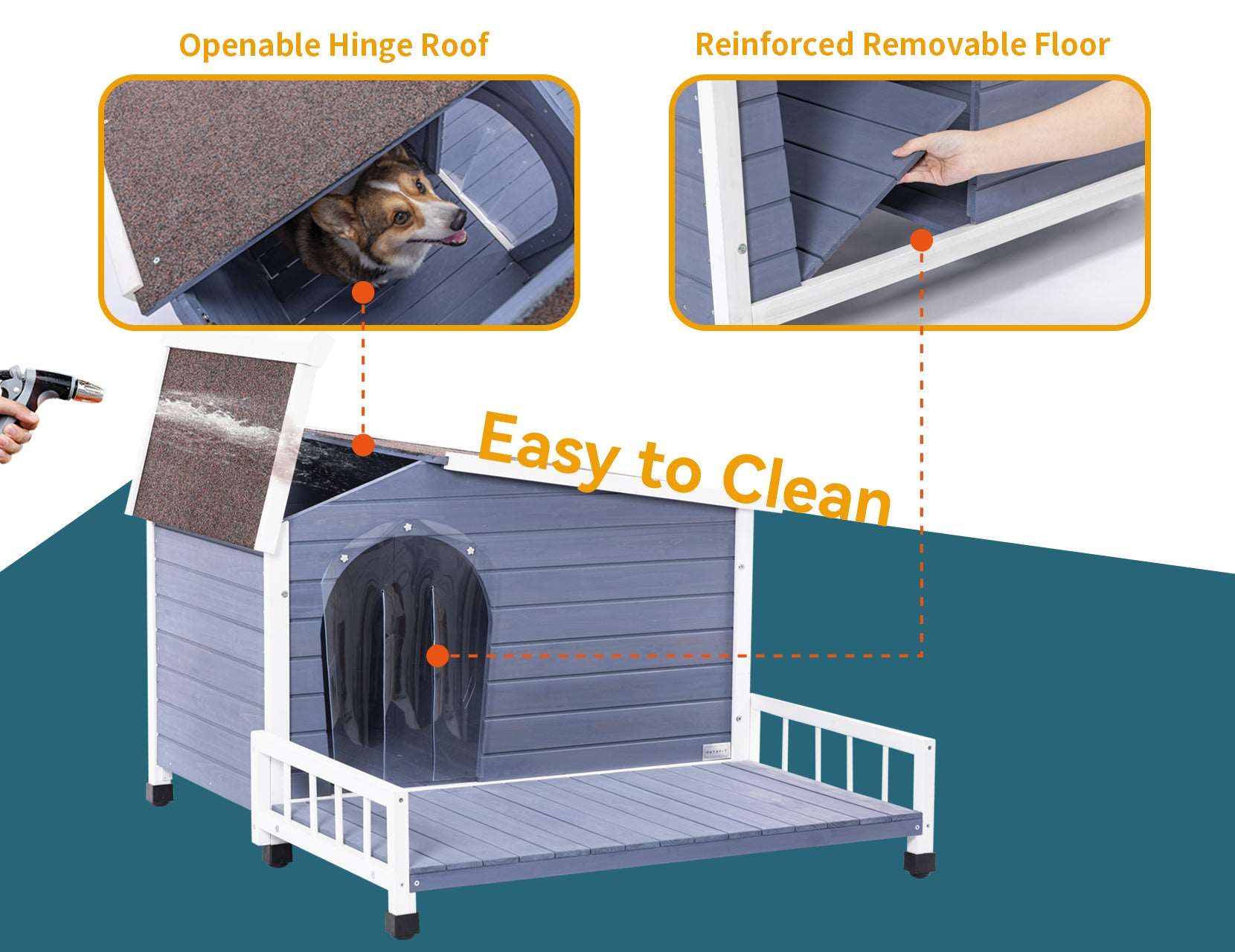 PETSFIT Weatherproof Dog House with Porch & Openable Asphalt Roof