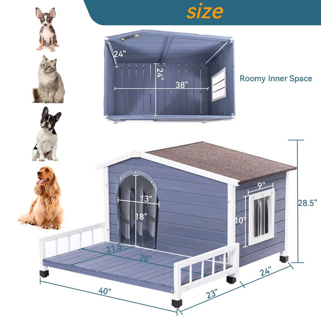PETSFIT Weatherproof Dog House with Porch & Openable Asphalt Roof