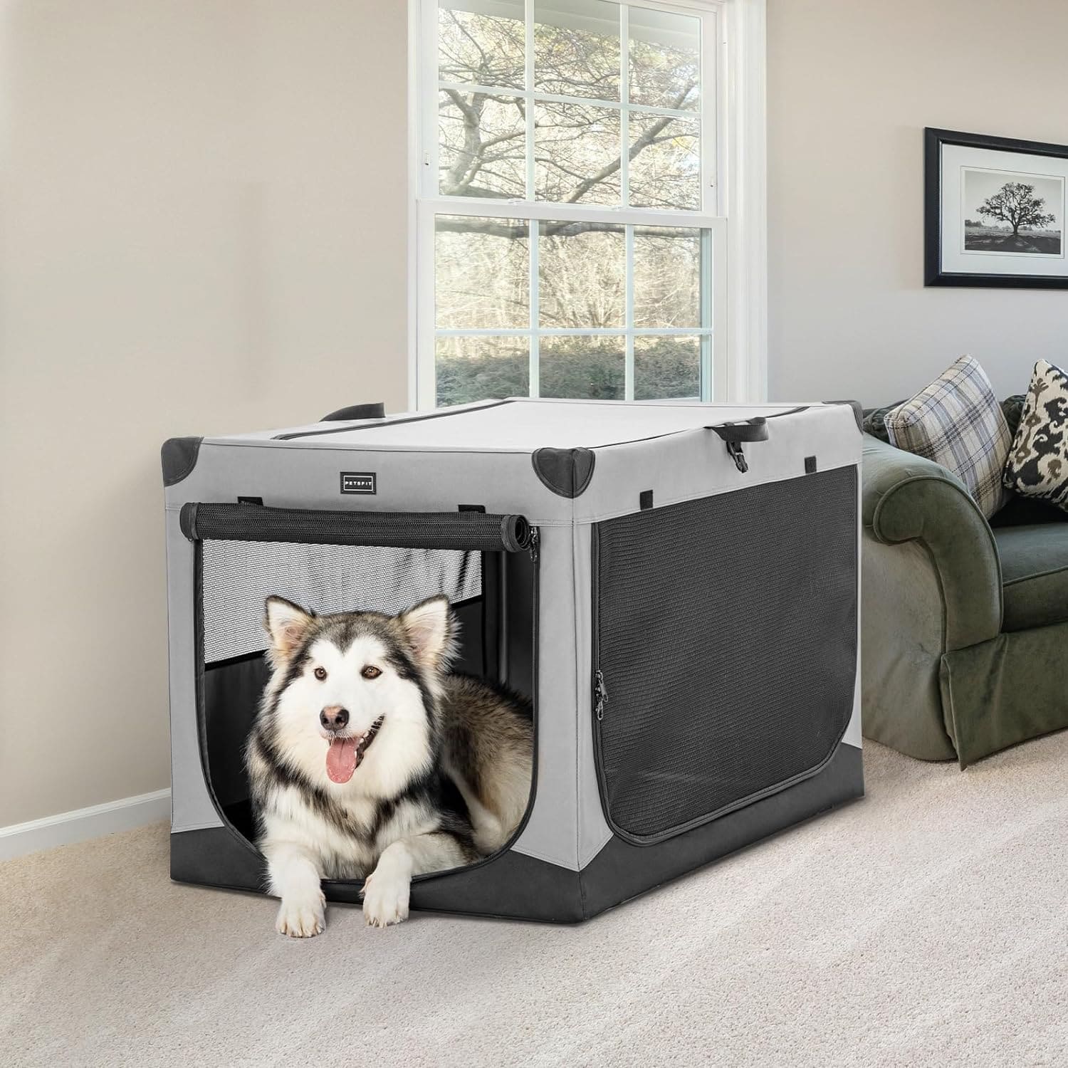 PETSFIT Portable Soft Collapsible Dog Crate Light Gray-动物/宠物用品
