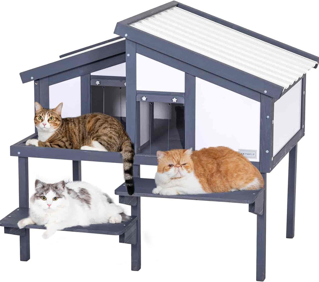 PETSFIT Outdoor Cat Houses For Multiple Cats Wooden Cat Condos with PVC Door Curtains -  Pet Supplies