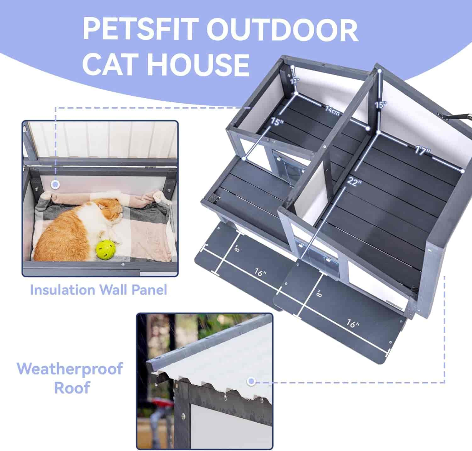 PETSFIT Outdoor Cat Houses For Multiple Cats Wooden Cat Condos with PVC Door Curtains -  Pet Supplies