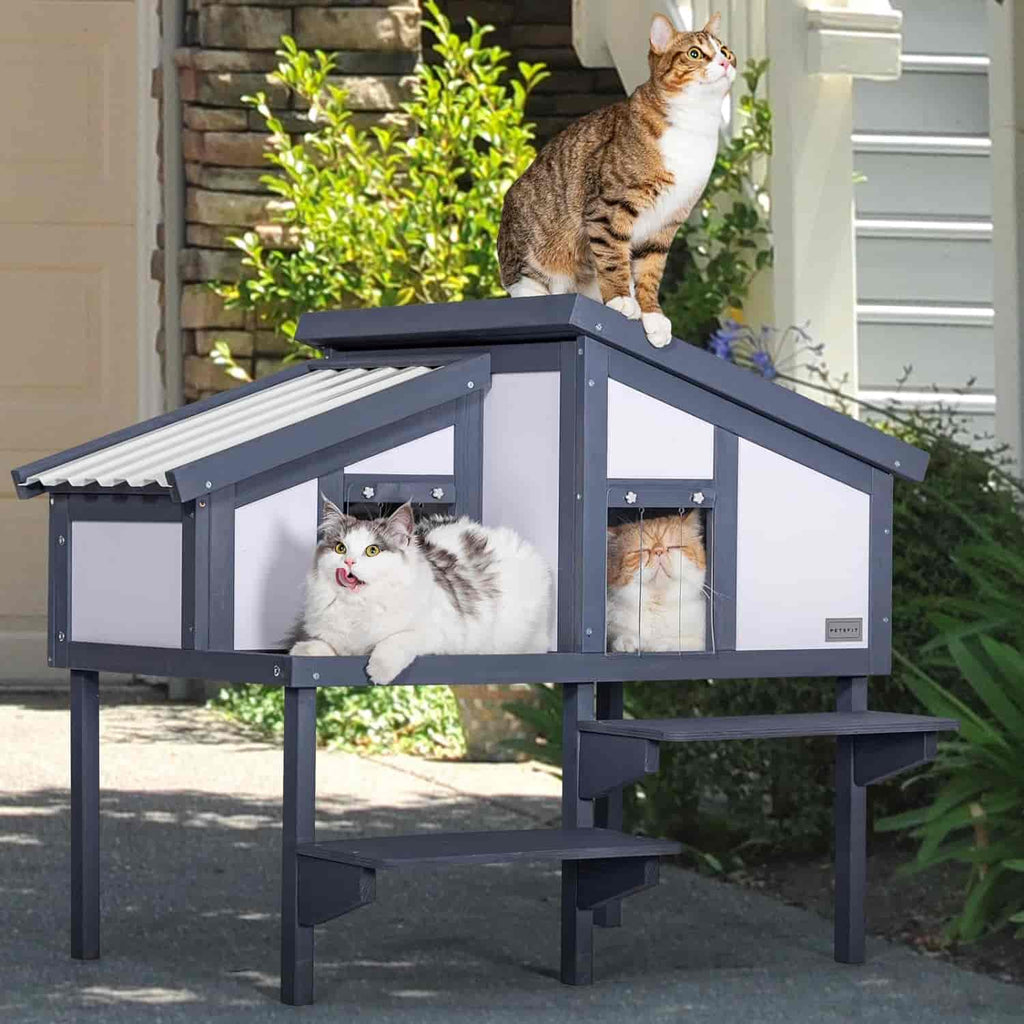 PETSFIT Outdoor Cat Houses For Multiple Cats Wooden Cat Condos with PVC Door Curtains -  Pet Supplies