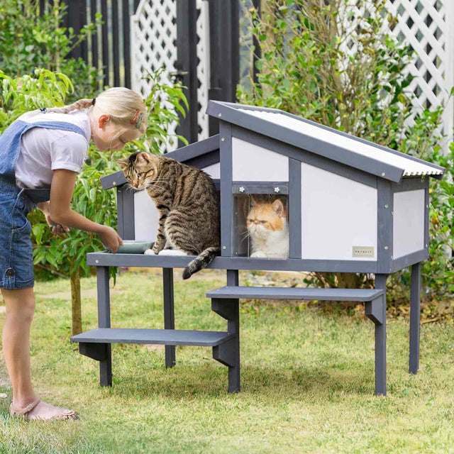 PETSFIT Outdoor Cat Houses For Multiple Cats Wooden Cat Condos with PVC Door Curtains -  Pet Supplies