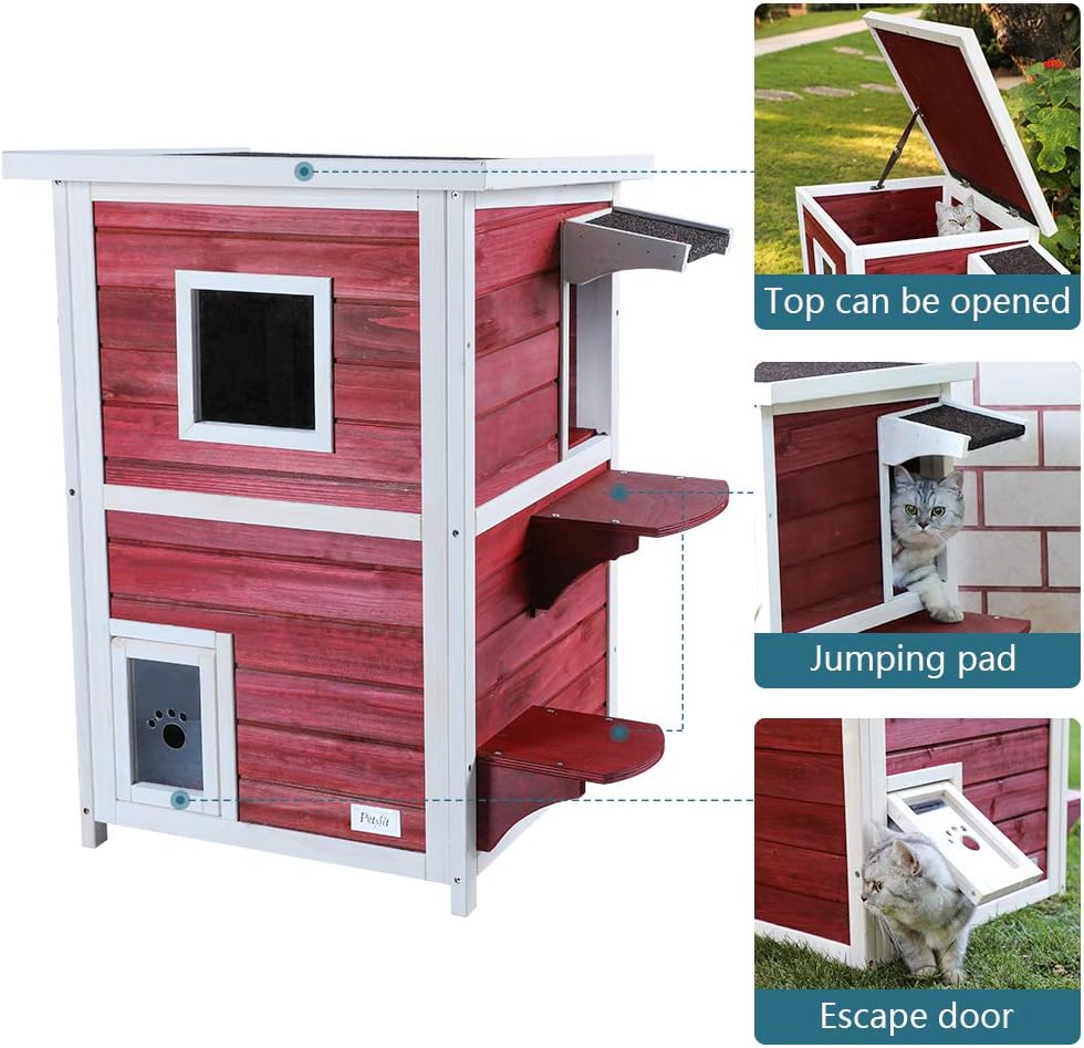 Petsfit Outdoor Cat House 2 Story Outside Cat Shelter Condo Enclosure with Escape Door for Stray Feral Cats Weatherproof-Pet Supplies