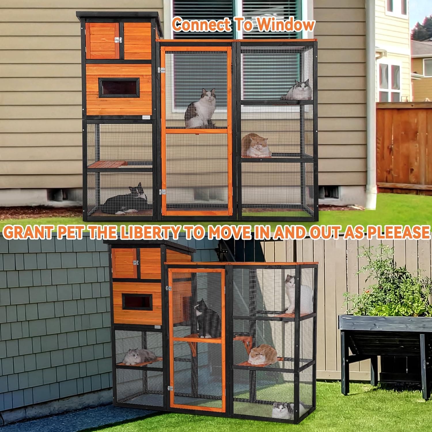 Petsfit Outdoor Catio 4 essais, 2 salles de repos, 4 plateformes et toit étanche, enclos extérieur pour chat Catio