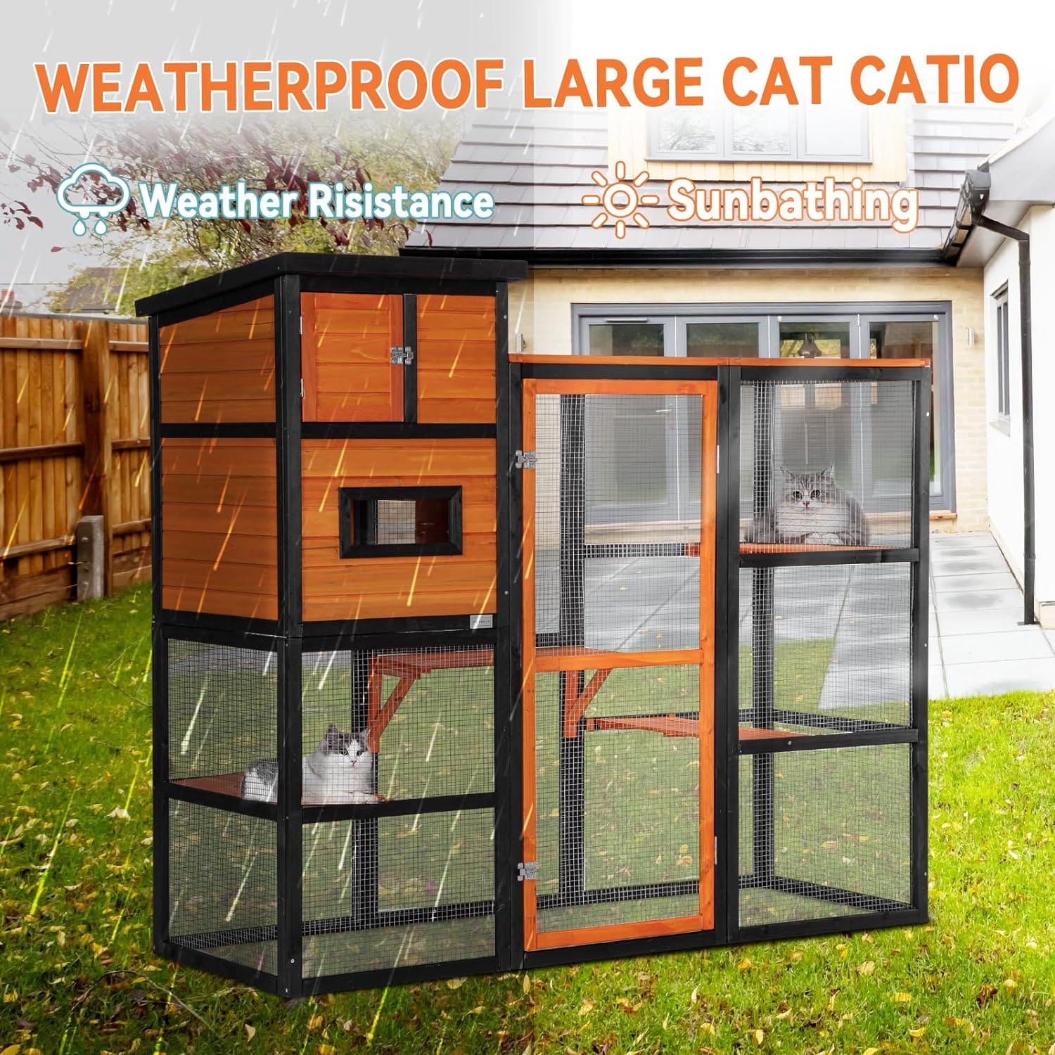Petsfit Outdoor Catio 4 Versuche, 2 Ruheräume, 4 Plattformen und wasserdichtes Dach, Catio Outdoor-Katzengehege