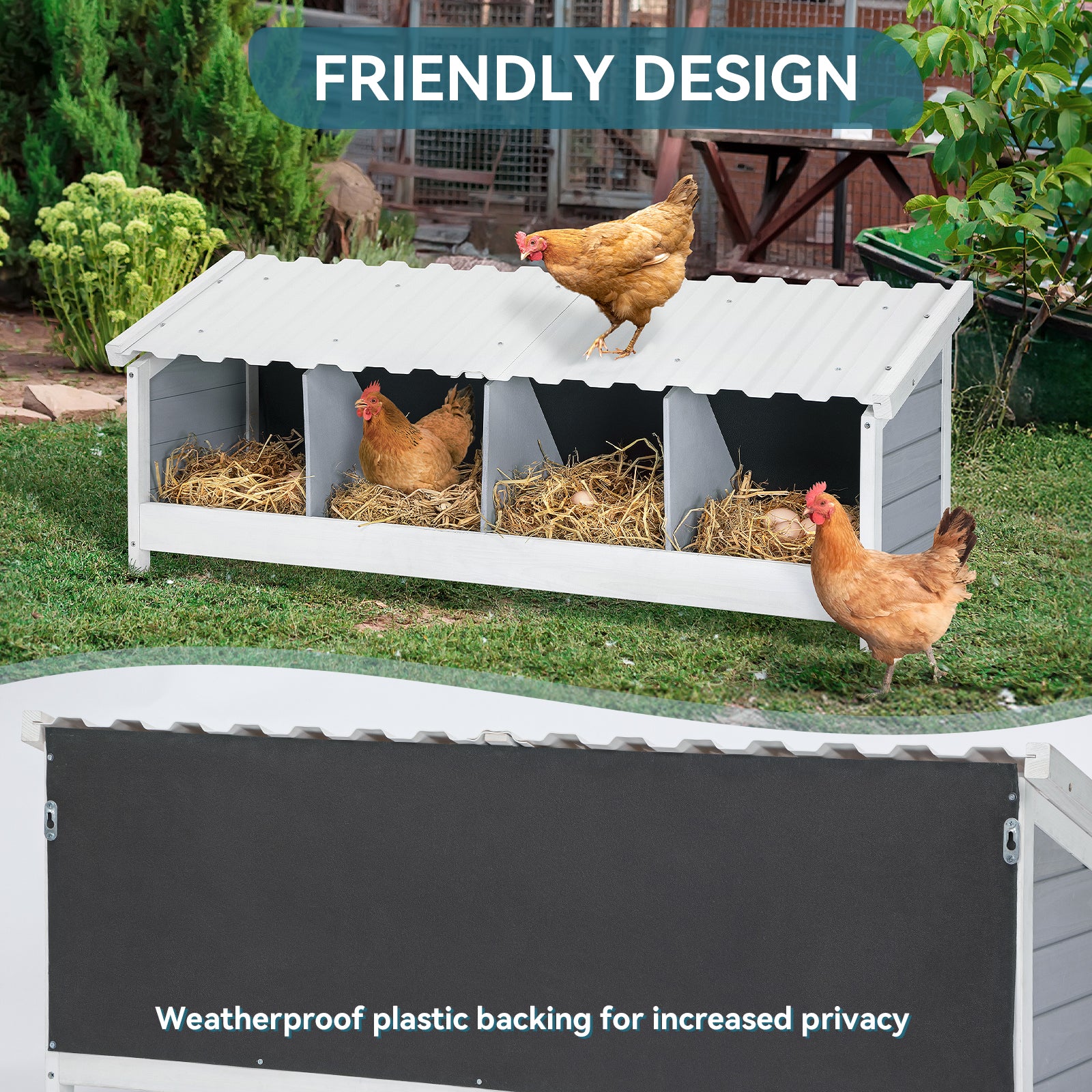 PETSFIT 4-Hole Chicken Nesting Box | Wooden Hen Coop with PVC Roof