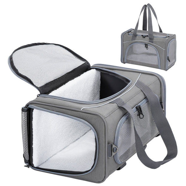 Gray pet carrier displayed open to show cozy fleece interior, zippered mesh openings, and inset of fully closed carrier.