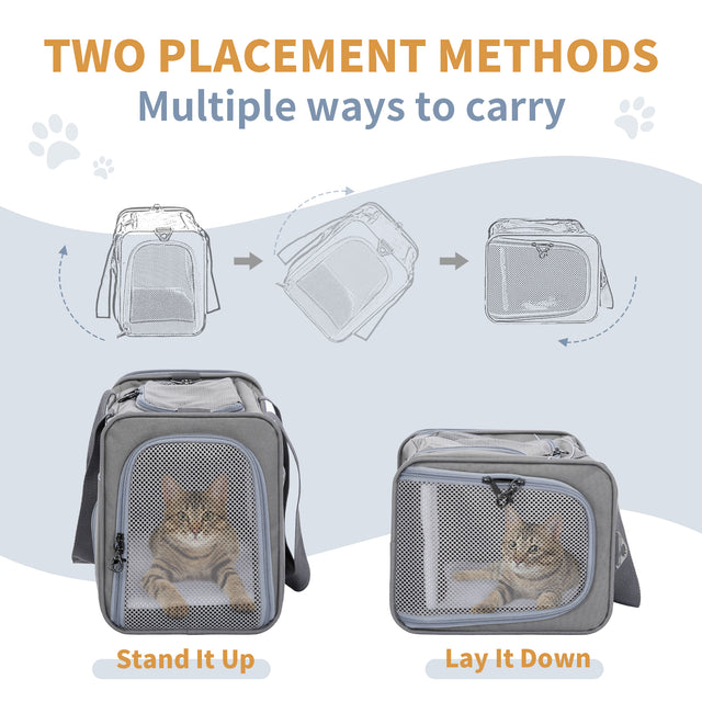 Pet carrier can stand upright or lay flat, with diagrams showing two placement methods and a cat resting behind mesh panels.