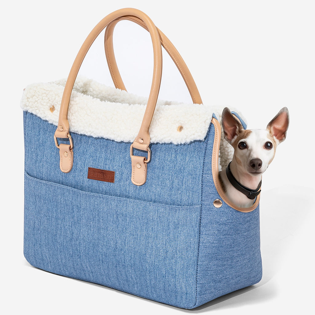 PETSFIT Denim Pet Tote with White Sherpa Trim