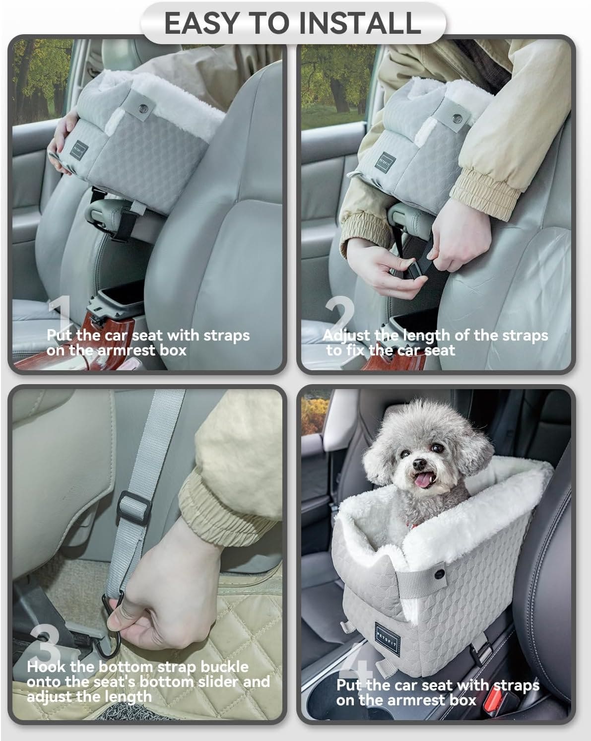 PETSFIT Dog Car Seats for Small Dogs with Safe Protection Hooks, Small Dog Car Seat with Upgraded Safety Tethers, Washable Cushion, Center Console Dog Car Seat Up to 12 Lbs