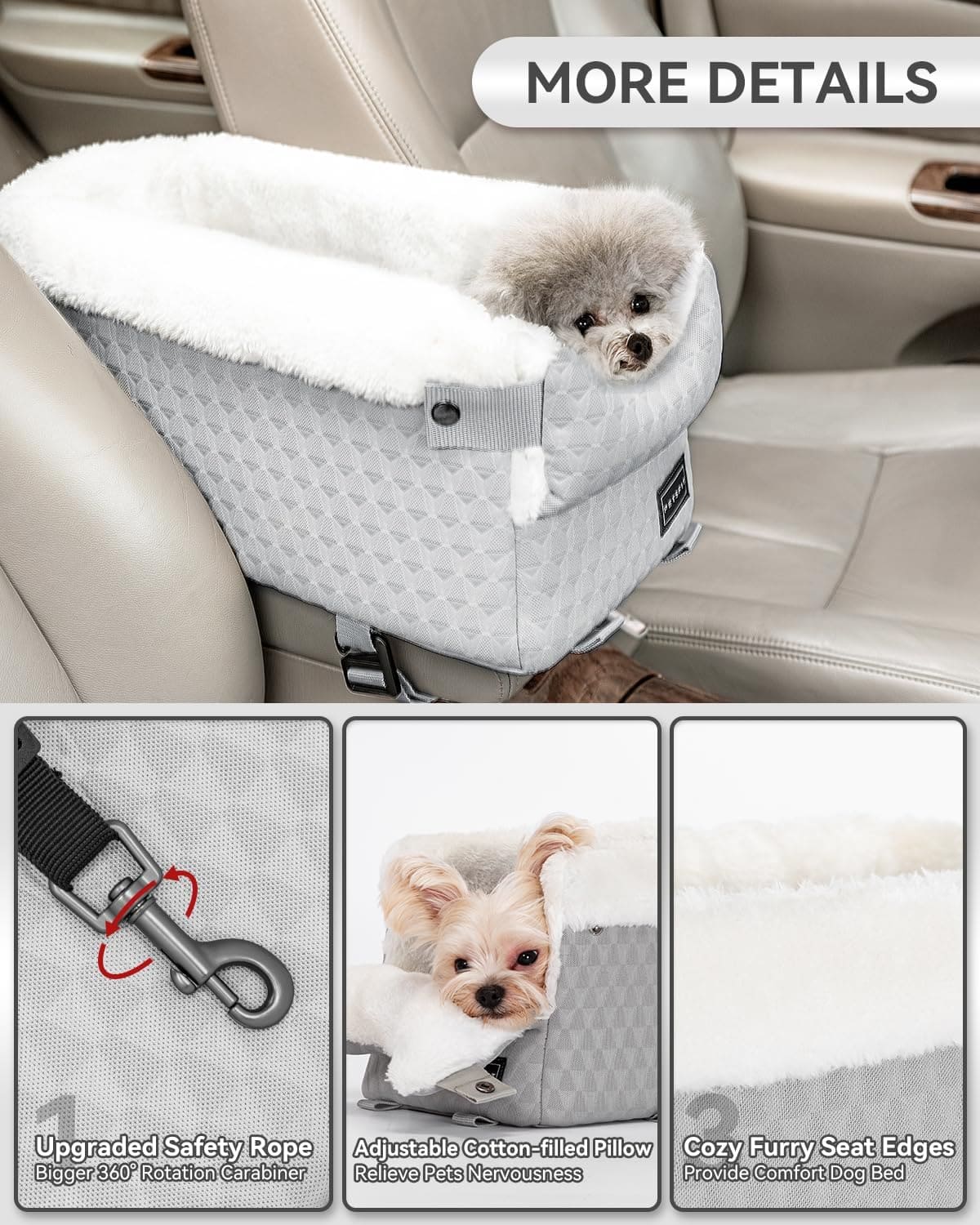 PETSFIT Dog Car Seats for Small Dogs with Safe Protection Hooks, Small Dog Car Seat with Upgraded Safety Tethers, Washable Cushion, Center Console Dog Car Seat Up to 12 Lbs