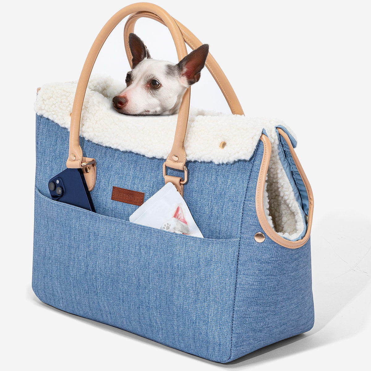 PETSFIT Denim Pet Tote with White Sherpa Trim