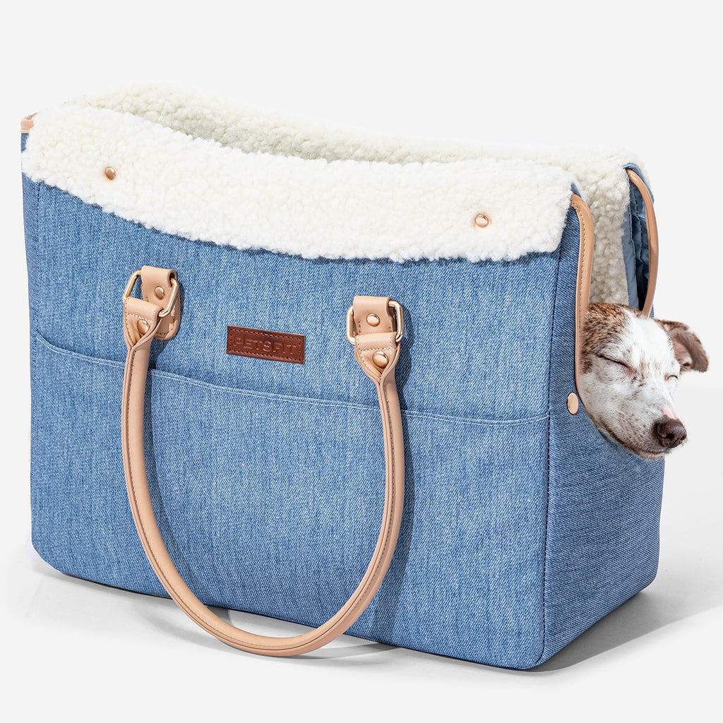 PETSFIT Denim Pet Tote with White Sherpa Trim