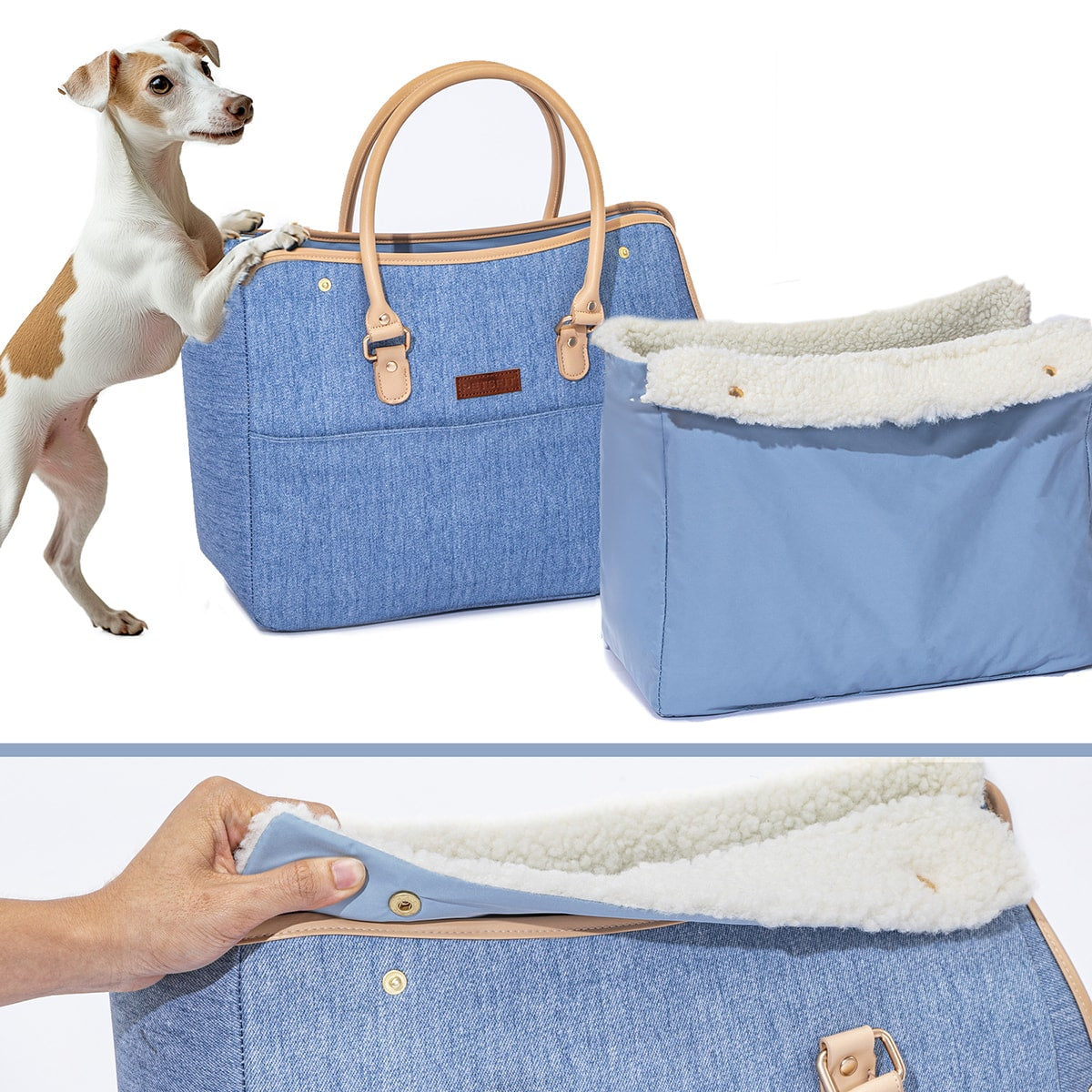 PETSFIT Denim Pet Tote with White Sherpa Trim