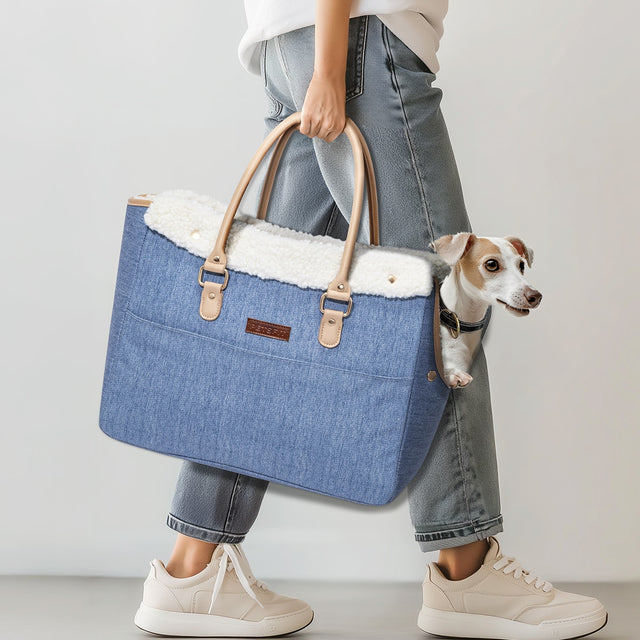 PETSFIT Denim Pet Tote with White Sherpa Trim