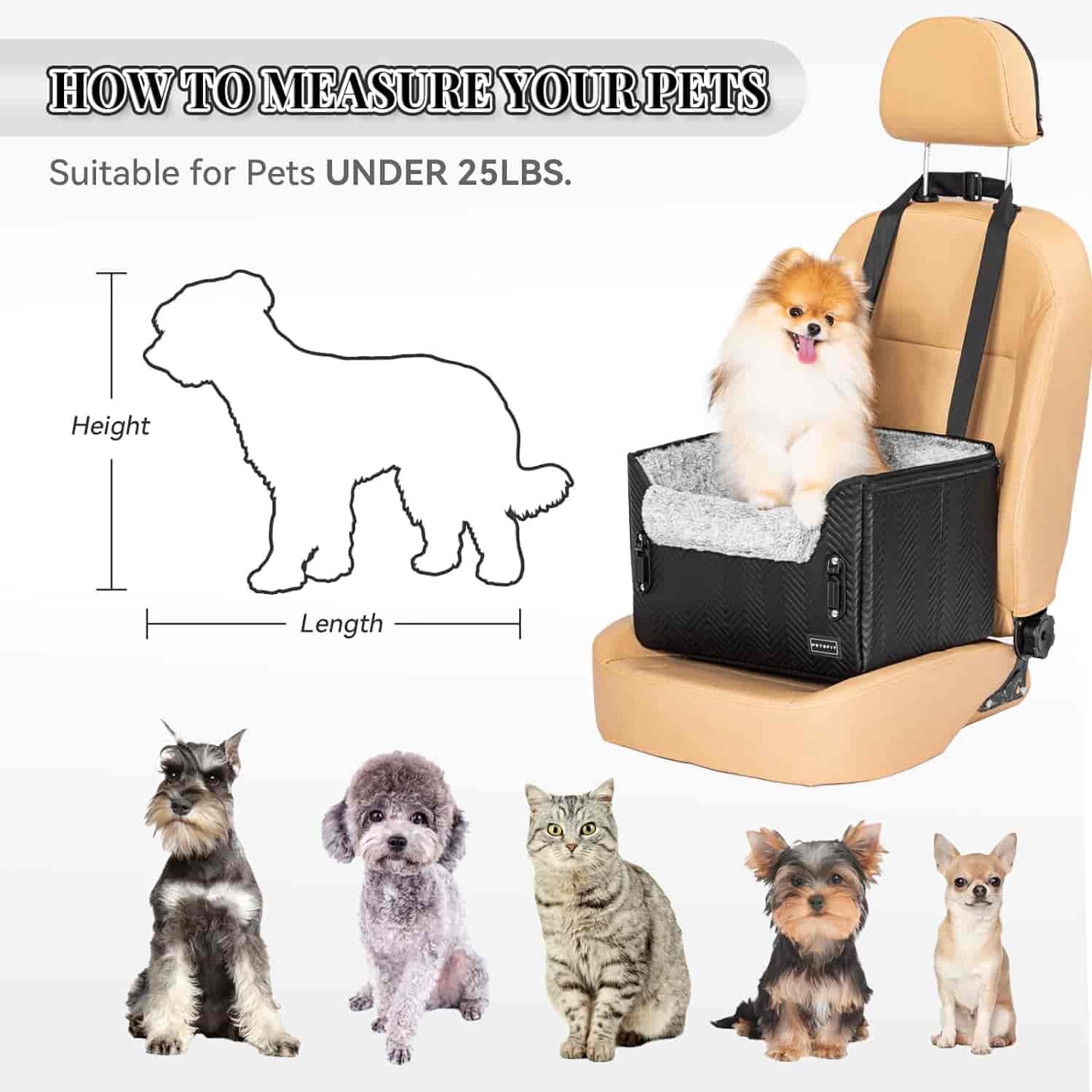 PETSFIT Dog Car Seat, Waterproof PU Leather Dog Carseat with Patent Safe Buckles, Clip-On Leash, Pet Travel Carrier Bed for Small Pets Up to 25lbs