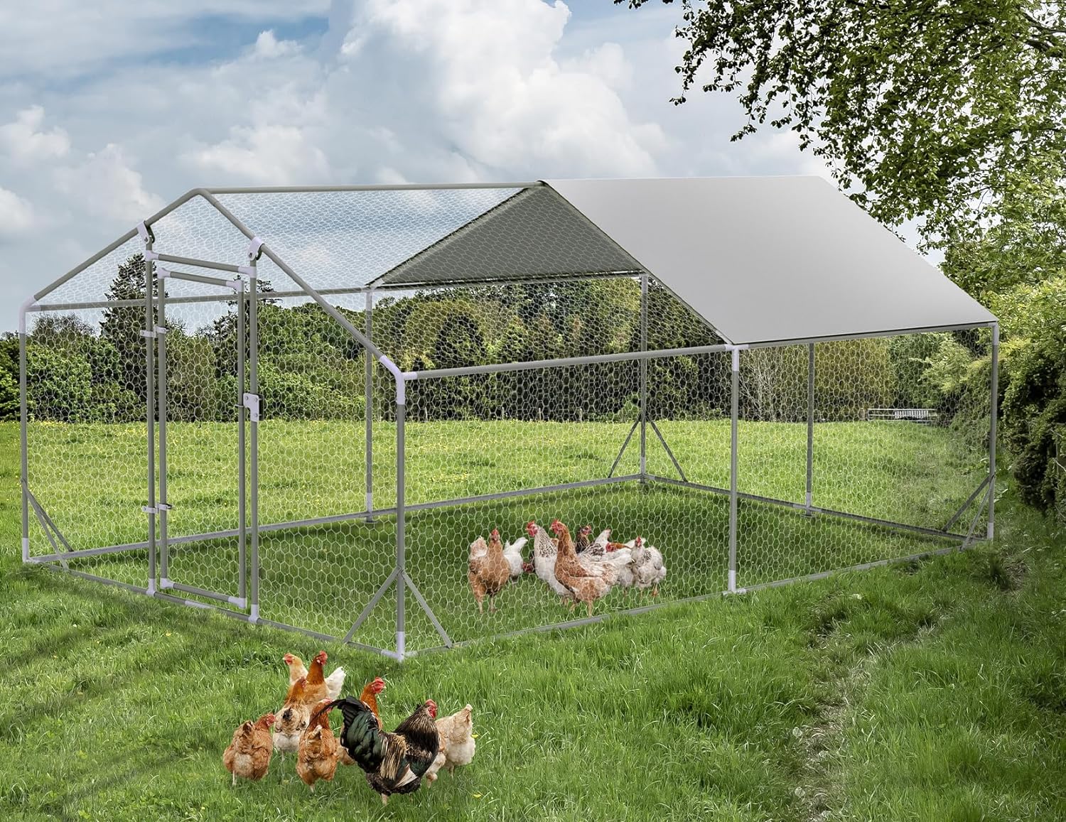 PETSFIT Metal Chicken Coop with Anti-Rust Durable Steel & 420D Anti-Ultraviolet Waterproof Cover, Large Walk-in Poultry Cage Chicken Run Duck House for Outdoor Farm Use 118"x158"x76.8"