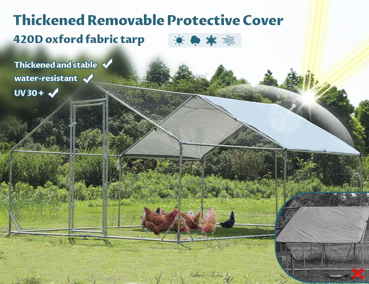 PETSFIT Metal Chicken Coop with Anti-Rust Durable Steel & 420D Anti-Ultraviolet Waterproof Cover, Large Walk-in Poultry Cage Chicken Run Duck House for Outdoor Farm Use(118"x158"x76.8"-动物/宠物用品