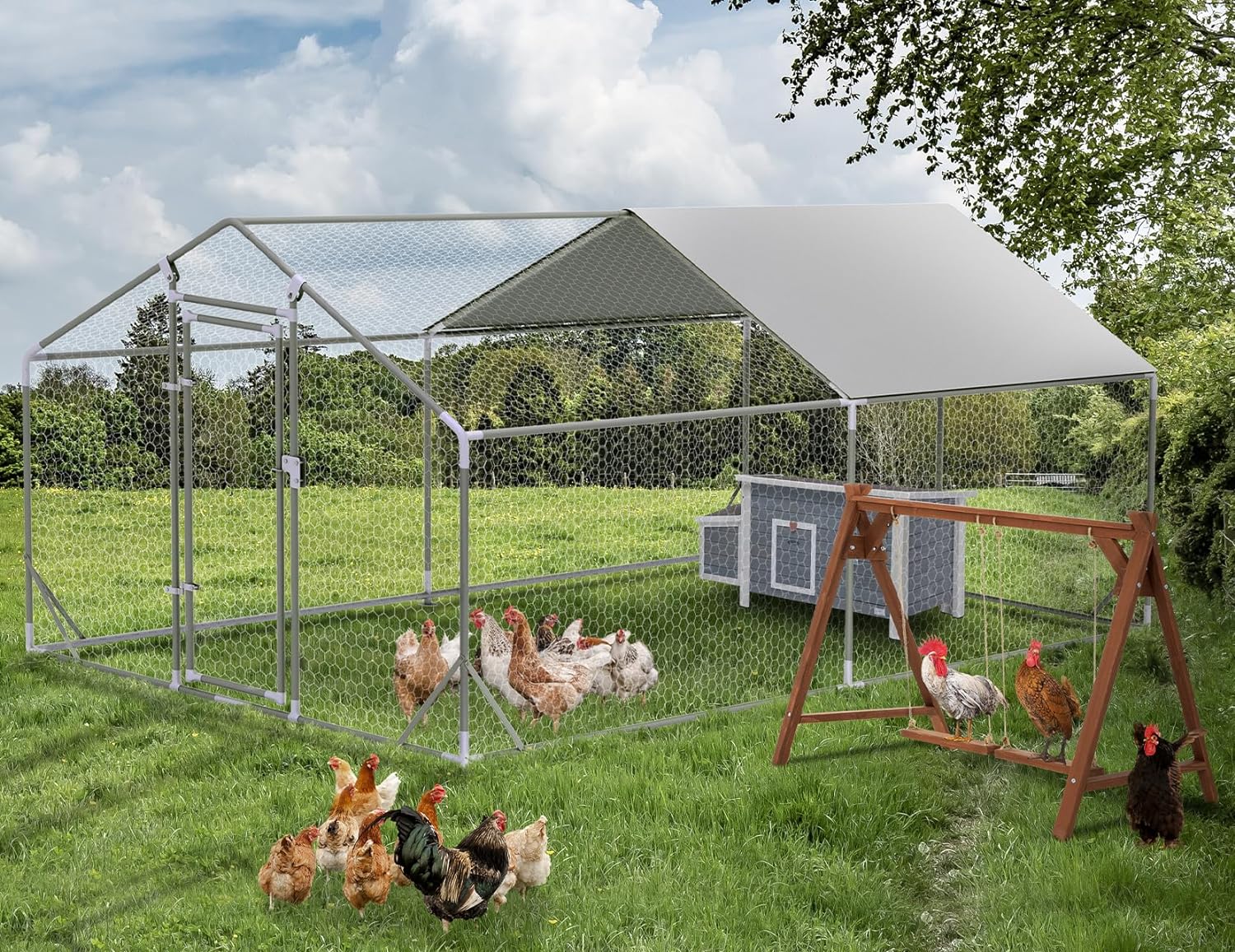 PETSFIT Metal Chicken Coop with Anti-Rust Durable Steel & 420D Anti-Ultraviolet Waterproof Cover, Large Walk-in Poultry Cage Chicken Run Duck House for Outdoor Farm Use(118"x158"x76.8"-动物/宠物用品