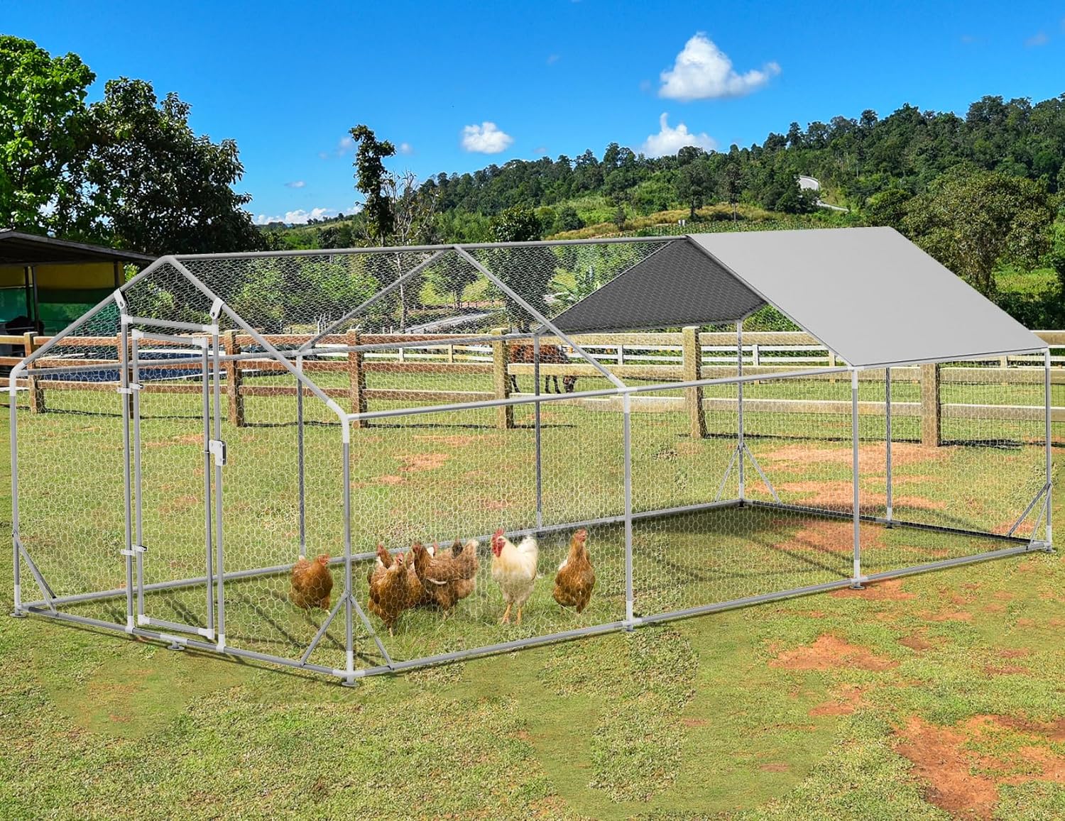 PETSFIT Large Metal Chicken Coops with Anti-Rust Durable Steel & 420D Anti-Ultraviolet Waterproof Cover, Large Walk-in Poultry Cage Chicken Run for Outdoor Farm Use 118"x236"x76.8"-动物/宠物用品