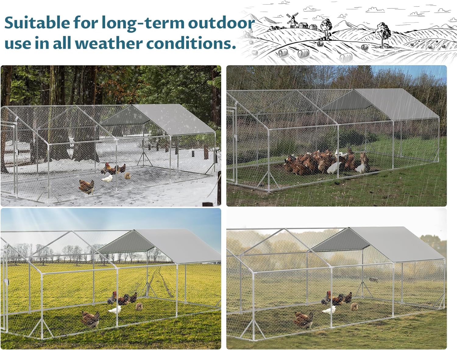 PETSFIT Large Metal Chicken Coops with Anti-Rust Durable Steel & 420D Anti-Ultraviolet Waterproof Cover, Large Walk-in Poultry Cage Chicken Run for Outdoor Farm Use 118"x236"x76.8"-动物/宠物用品