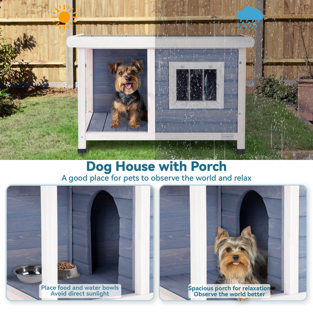 Small dog house with porch in a fenced yard, featuring shaded bowl space, cozy arched doorway, and a Yorkie relaxing at the entrance.