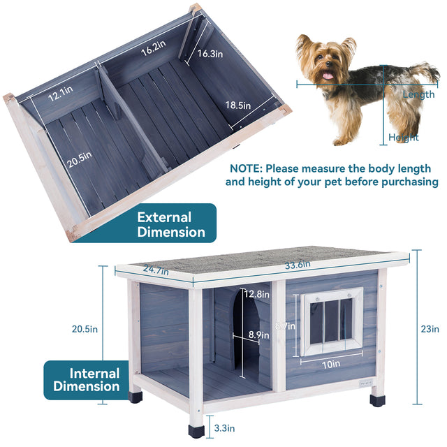 Dimension guide displays interior and exterior measurements of the outdoor dog house, with entry height, window size, and floor clearance.