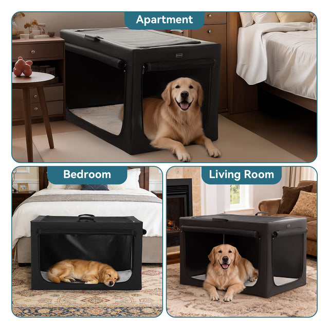 Black soft dog crate styled in apartment, bedroom, and living room scenes, with a golden retriever resting comfortably inside.