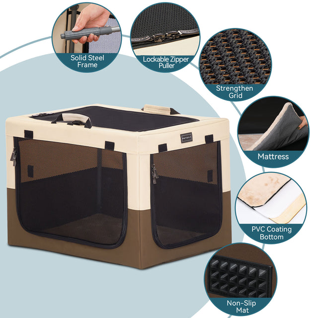 Feature callouts highlight steel frame, lockable zippers, reinforced mesh, plush mattress, PVC-coated bottom, and non-slip feet.