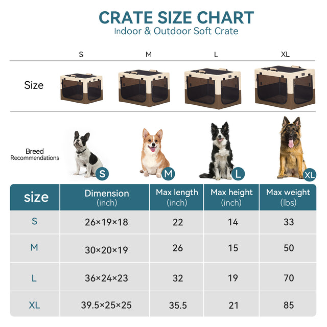 Crate size chart compares S to XL soft dog crate options with dimensions, dog length and height limits, and weight guidance.