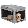 Golden retriever rests inside a gray soft dog crate with mesh top and side openings, both roll-up flaps secured for airflow.