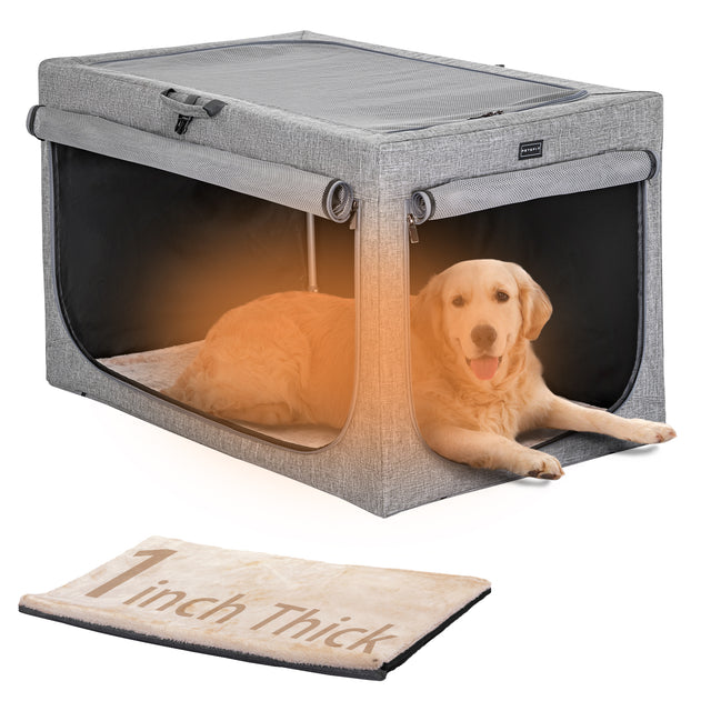 Golden retriever lounges in a gray soft dog crate with warm interior glow, highlighting the included removable 1-inch thick mat.