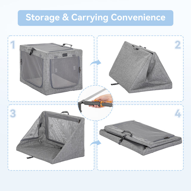 Step-by-step view shows the collapsible dog crate folding flat with adjustable frame tubes for quick storage and carrying.