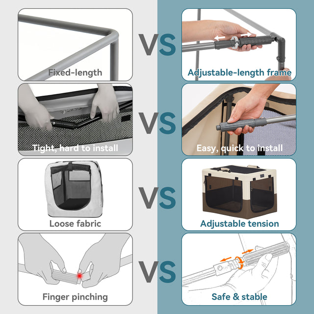 Side-by-side comparison shows adjustable frame benefits: easier setup, safer locking, tighter fabric tension, and stable support.