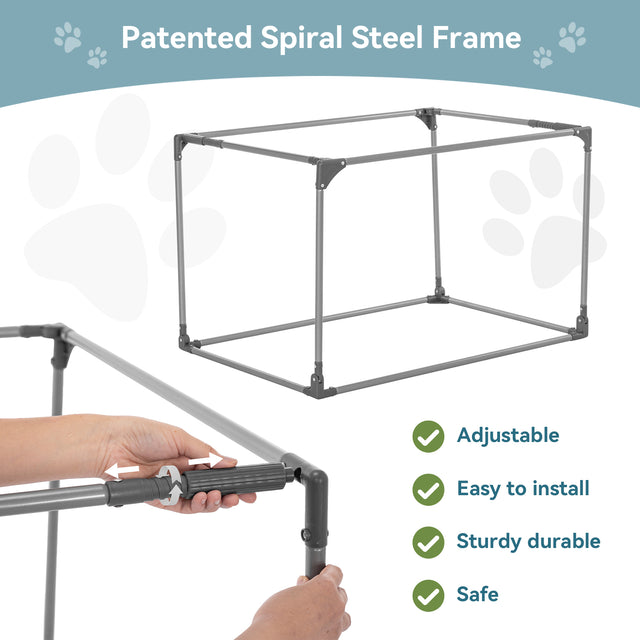 Adjustable spiral steel frame close-up shows twist-lock tube setup for a sturdy, easy-install collapsible dog crate structure.