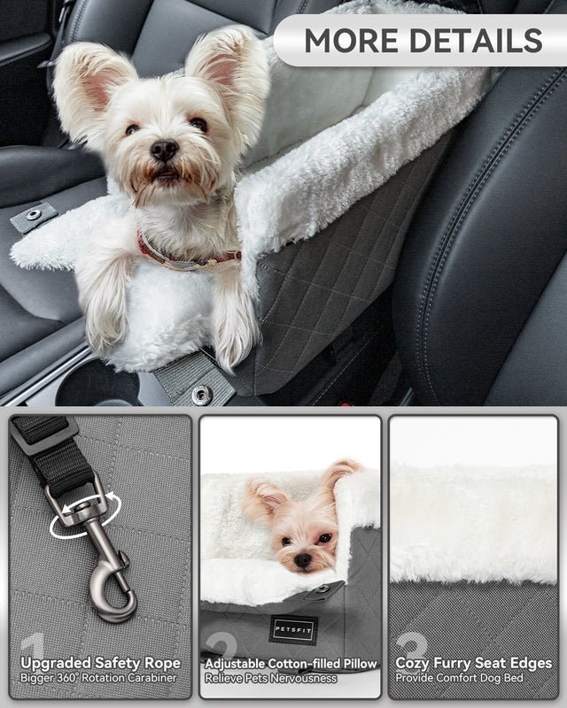 PETSFIT console dog car seat more details - upgraded safety rope, adjustable cotton pillow, cozy furry seat edges for small dogs up to 8 lbs