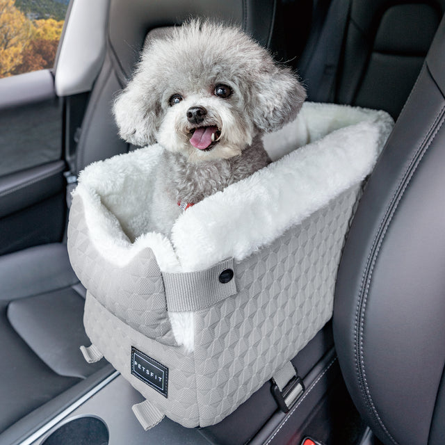 Happy grey Poodle sitting comfortably in PETSFIT grey quilted console dog car seat secured between car seats with safety strap