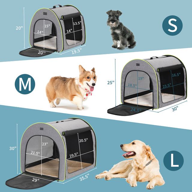 Size chart shows S, M, and L soft dog crate options with dimensions and breed examples from Schnauzer to Golden Retriever.