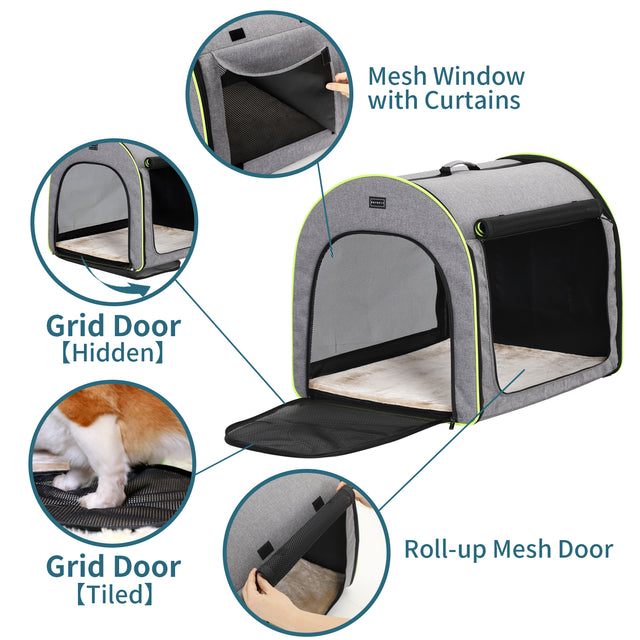 Feature callouts highlight mesh windows with curtains, roll-up mesh door, and hidden grid flap for flexible crate ventilation.