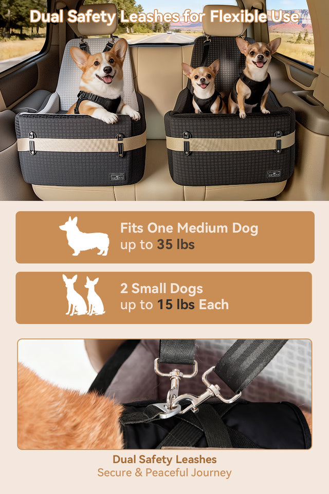 PETSFIT dog car booster seat dual safety leash close-up showing secure buckle clip detail