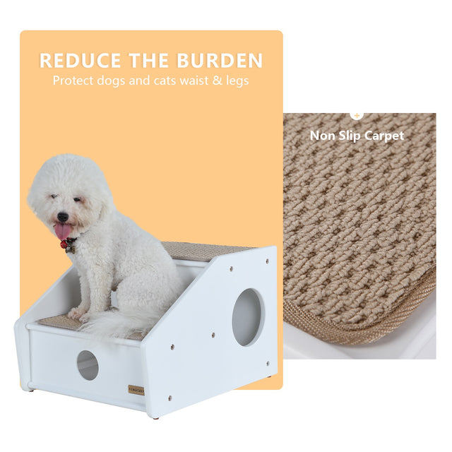 White Bichon dog sitting comfortably on PETSFIT 2-step wooden pet stairs showing reduce burden joint protection feature with non-slip carpet mat close-up