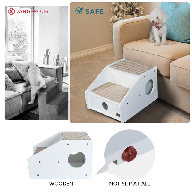 PETSFIT 2-step wooden pet stairs safety comparison showing dangerous jumping vs safe climbing with anti-slip rubber feet and sisal step mats close-up