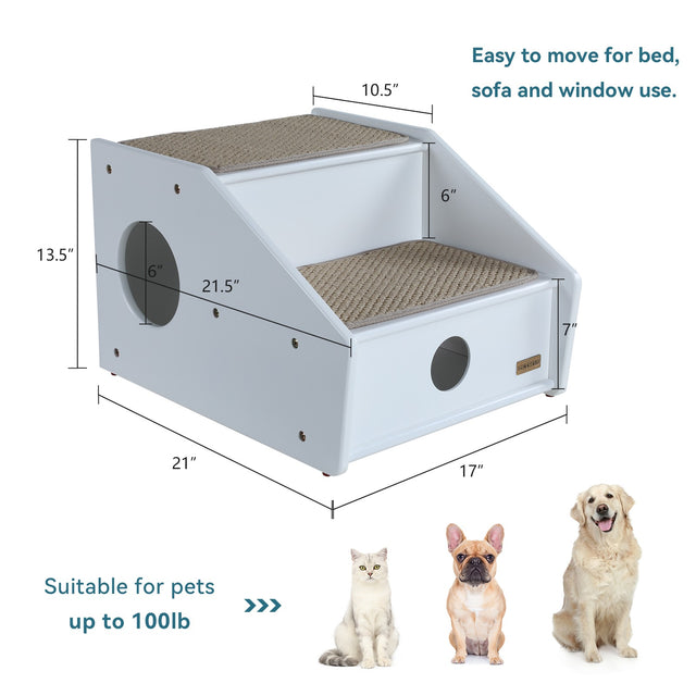 PETSFIT 2-step wooden pet stairs dimensions chart showing 21x17x13.5 inches size, suitable for pets up to 100lb, easy to move for bed sofa and window use