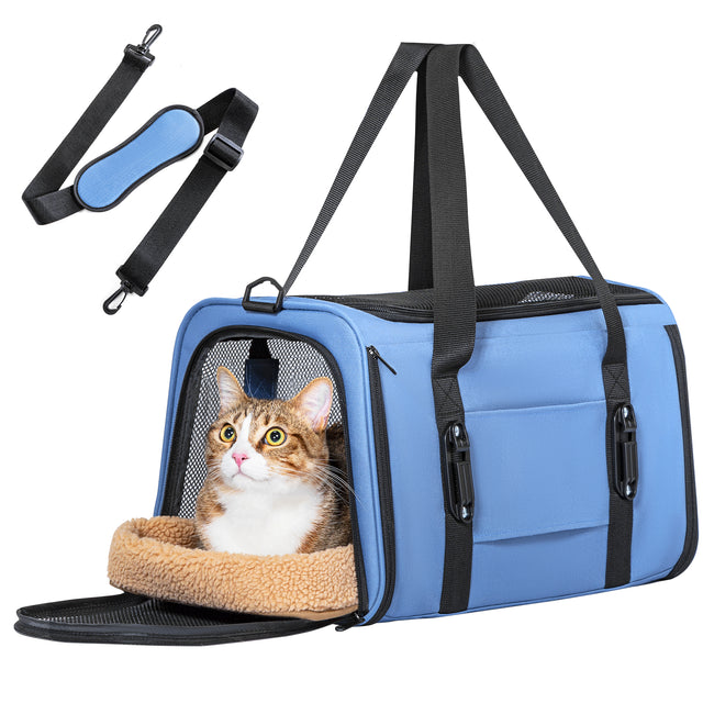 Blue cat backpack with open front mesh door and cushioned mat features carrying handles and a detachable shoulder strap.