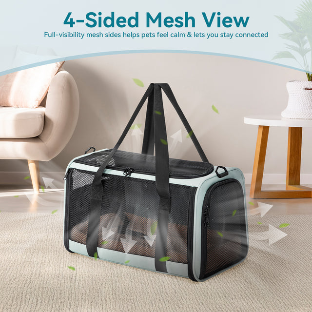 Soft-sided pet backpack sits on carpet with four mesh sides for airflow and visibility, helping pets stay calm indoors.