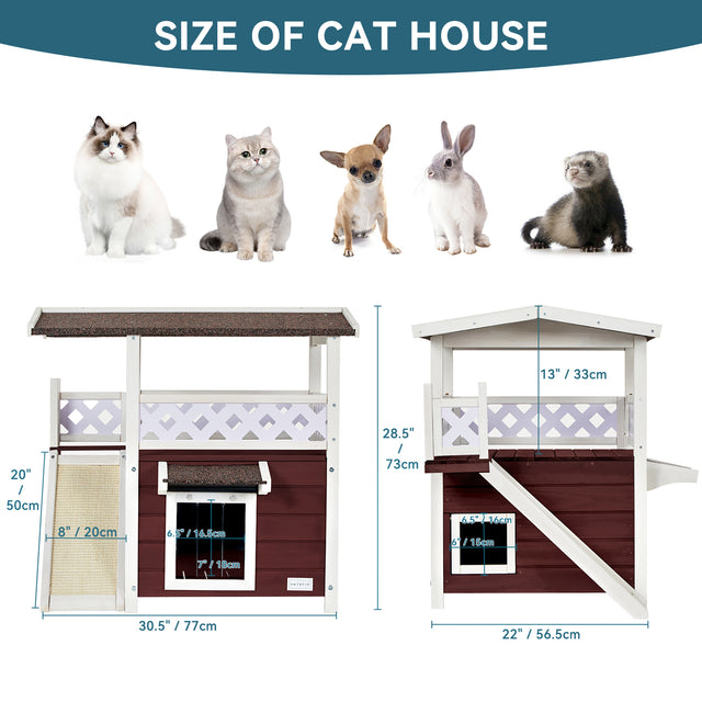 Size chart compares the outdoor cat house dimensions with cats and small pets, showing entry, ramp, width, and overall height.