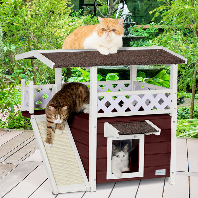 In a garden setting, three cats use the outdoor cat house as one lounges on the roof, one descends the scratch ramp, one peers out.