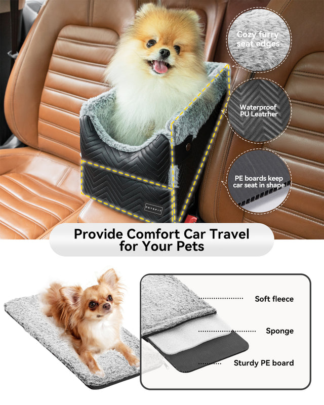 Pomeranian rides in a booster seat for dogs with soft furry edges, waterproof PU shell, and supportive multilayer cushion insert.